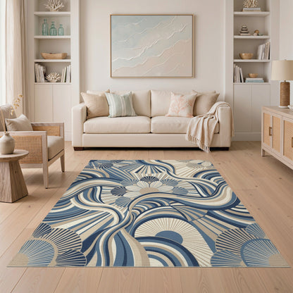 Blue Teal Abstract Wave Floral Area Rug