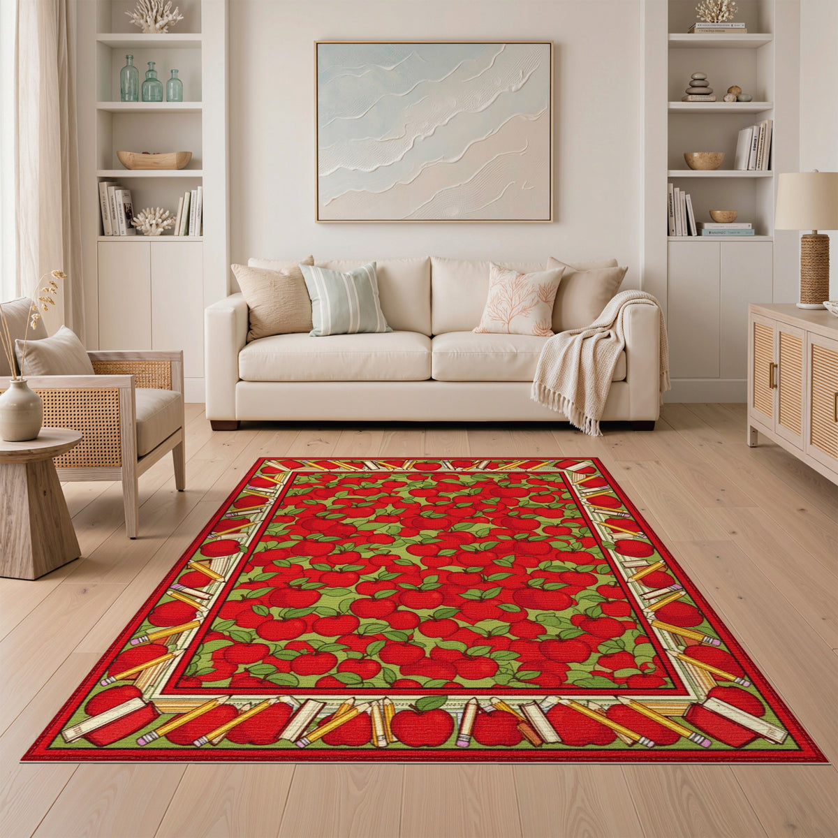 Red Apple Kids Area Rug with Pencil Border