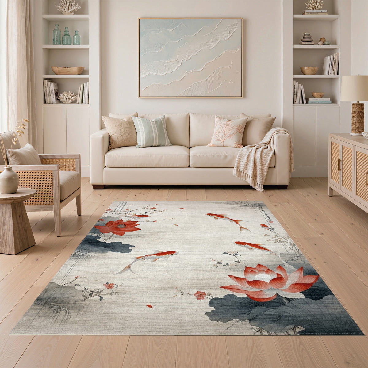 Red Koi Lotus Floral Vintage Area Rug