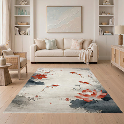 Red Koi Lotus Floral Vintage Area Rug