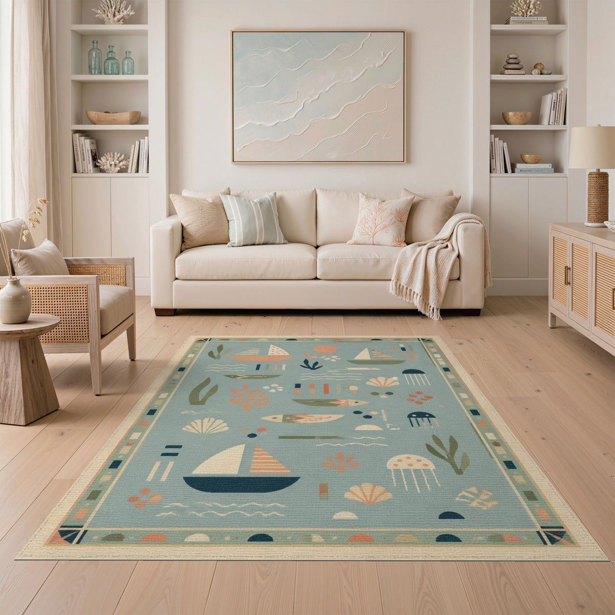 Blue Coastal Sailboats Area Rug