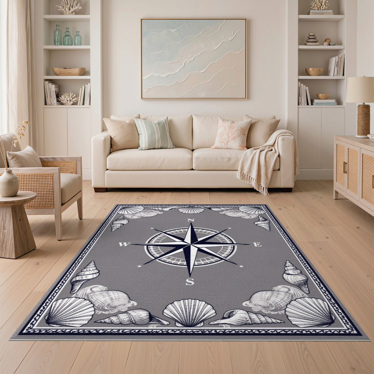 Grey Nautical Compass Shell Area Rug