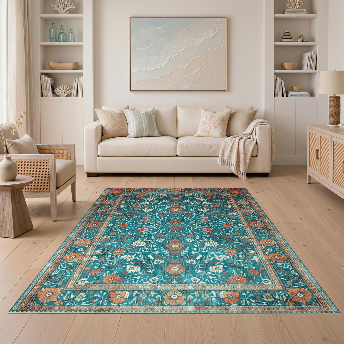Teal Floral Vintage Area Rug