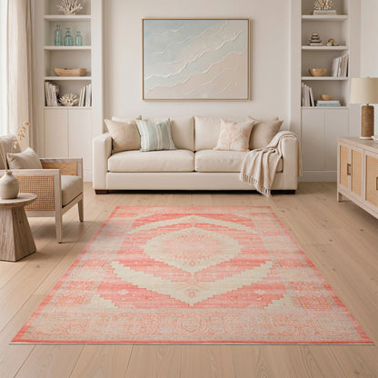 Pink Distressed Vintage Medallion Area Rug