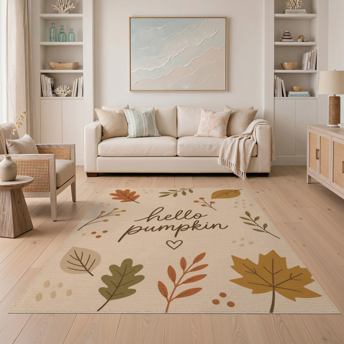 Hello Pumpkin Autumn Leaves Area Rug