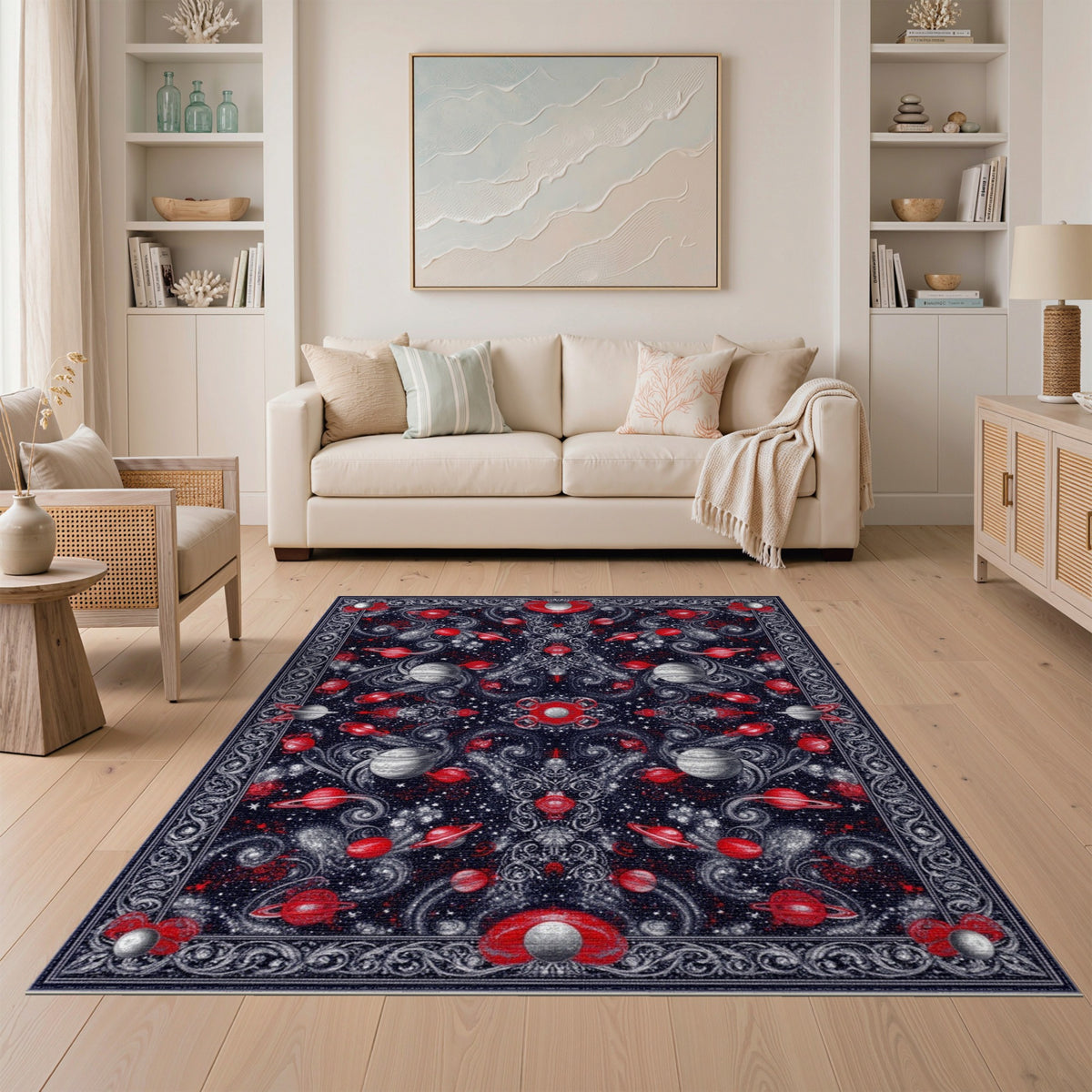 Red Celestial Planets Area Rug