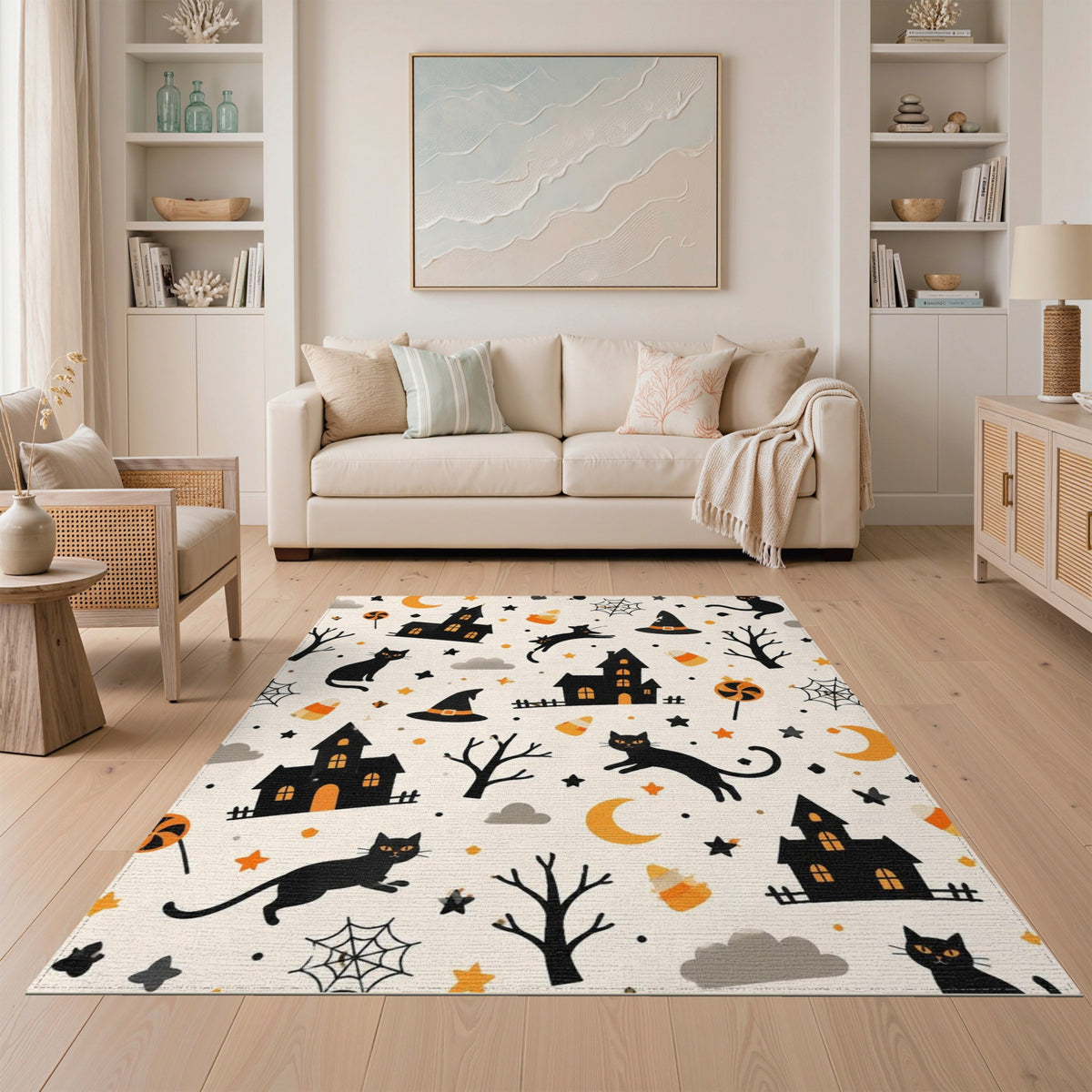 Multi-color and Patterns Spooky Black Cat Halloween Area Rug