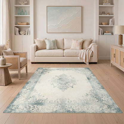 Blue and Teal Blue Teal Distressed Vintage Area Rug