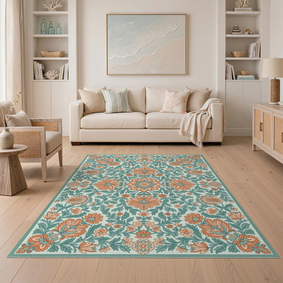 Orange Floral Vintage Teal Area Rug