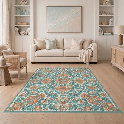 Orange Floral Vintage Teal Area Rug