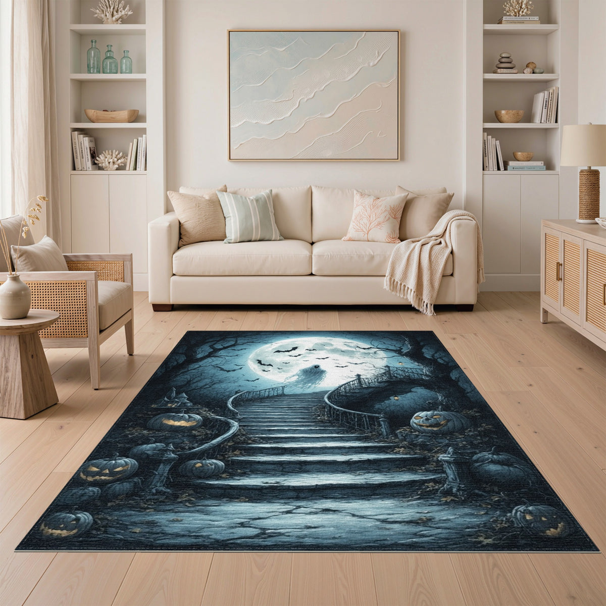 Ghostly Moonlit Staircase Halloween Rug