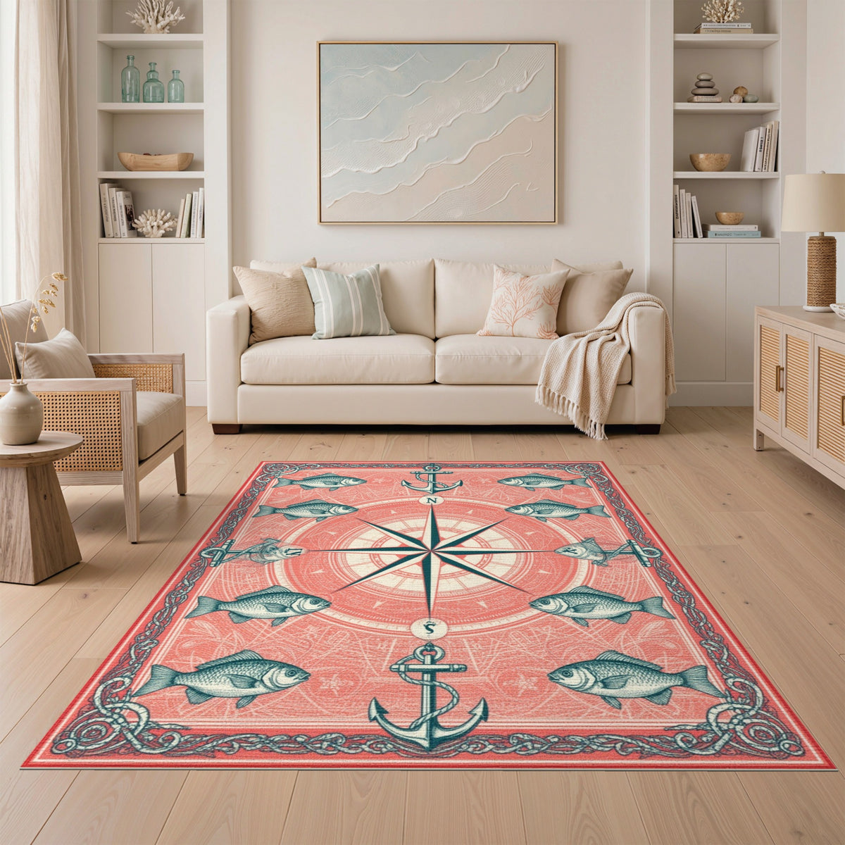 Coastal Beach Red Nautical Compass Anchor Area Rug