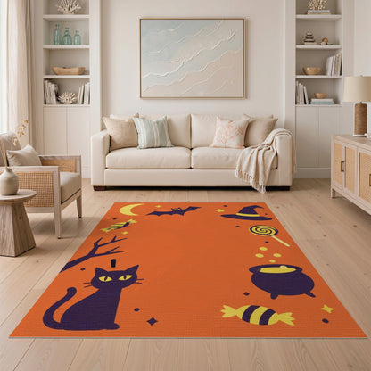 Orange Halloween Cat Bat Kids Cartoon Rug