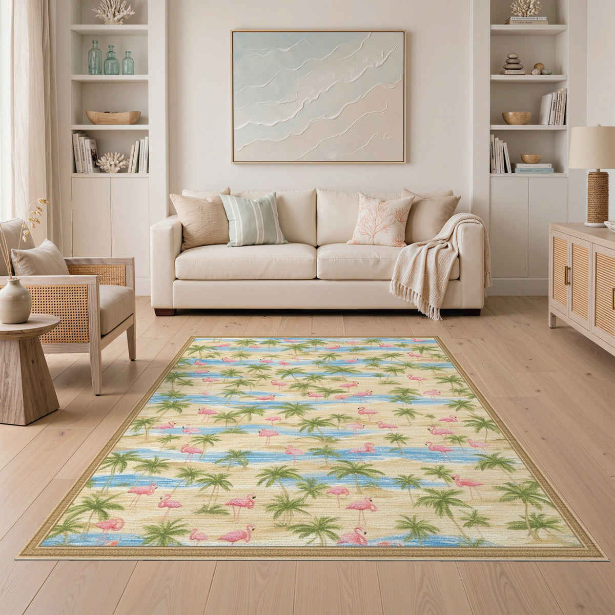 Pink Flamingo Coastal Beach Area Rug