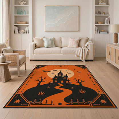 Spooky Haunted House Orange Halloween Area Rug