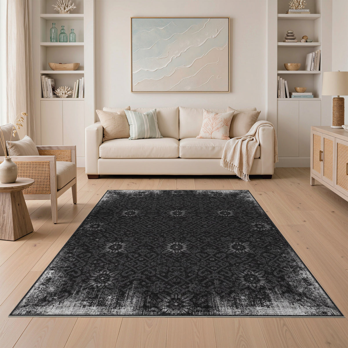 Black White Distressed Vintage Floral Area Rug