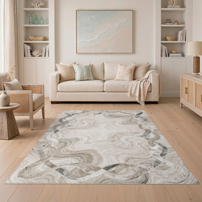Beige Marble Swirl Wave Border Area Rug