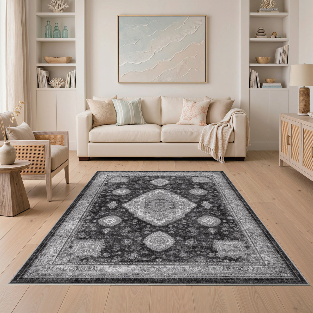 Black White Persian Medallion Area Rug
