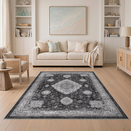 Black White Persian Medallion Area Rug
