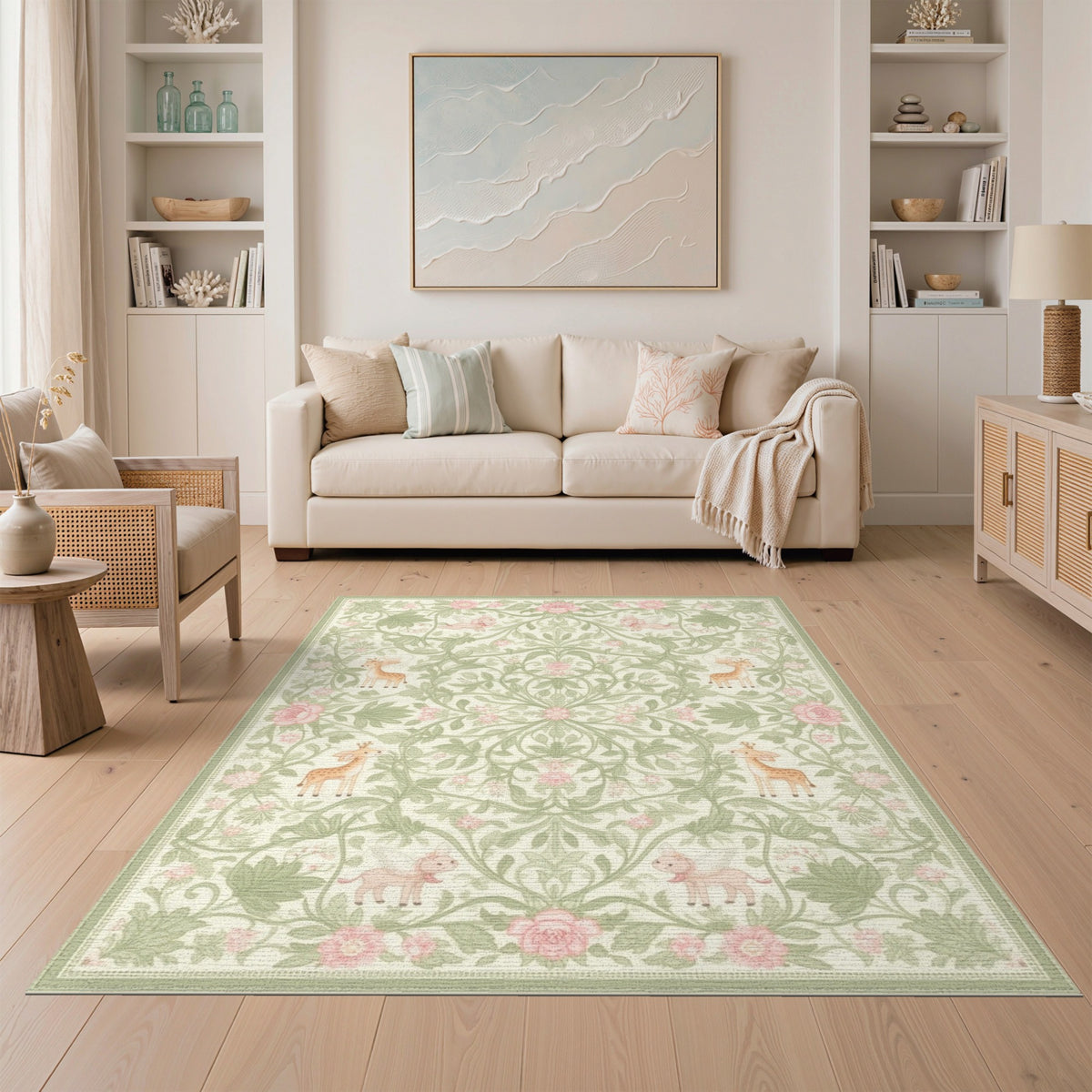 Pink Whimsical Flying Animals Floral Kids Rug