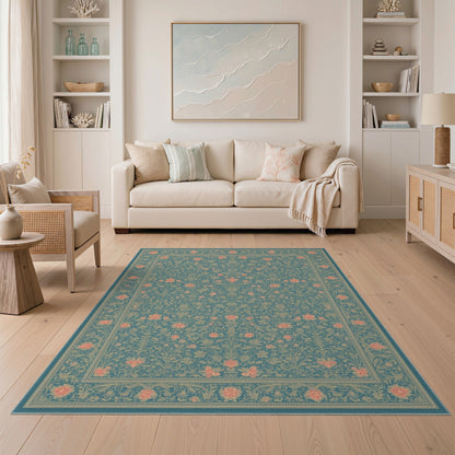 Blue Teal Floral Vintage Area Rug