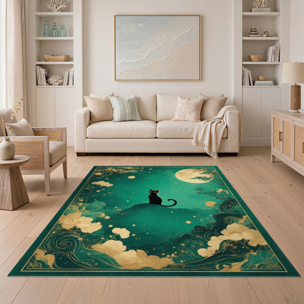 Black Cat Moon Teal Area Rug