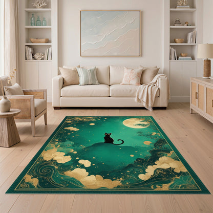 Black Cat Moon Teal Area Rug