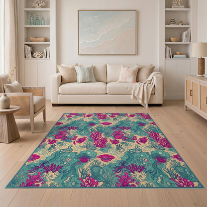 Pink Coral Teal Ocean Life Washable Area Rug