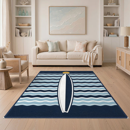 Coastal Surfboard Blue Waves Area Rug