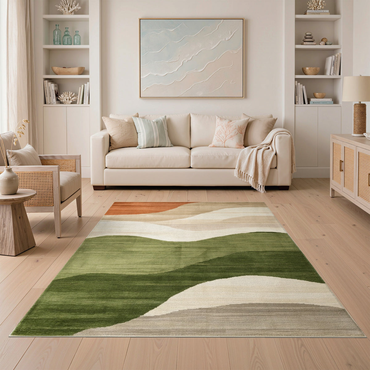Abstract Wave Area Rug in Beige and Green