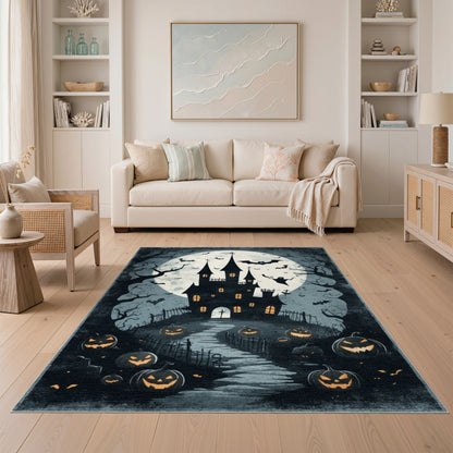 Black and White Haunted Castle Halloween Area Rug