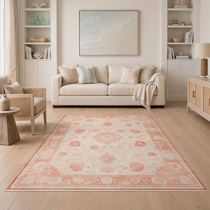 Beige Red Floral Medallion Area Rug