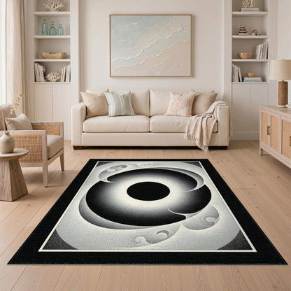 Black White Geometric Vortex Area Rug