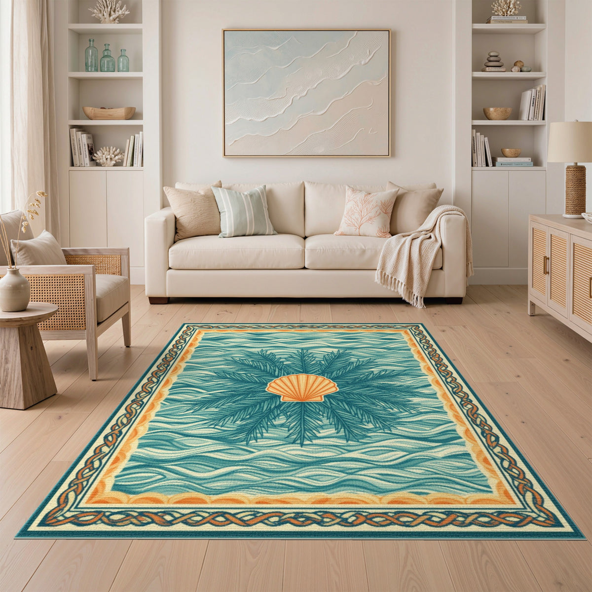 Blue and Teal Coastal Seashell Wave Area Rug