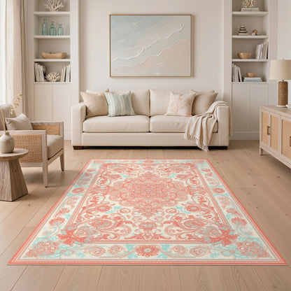 Coral and Teal Floral Medallion Area Rug