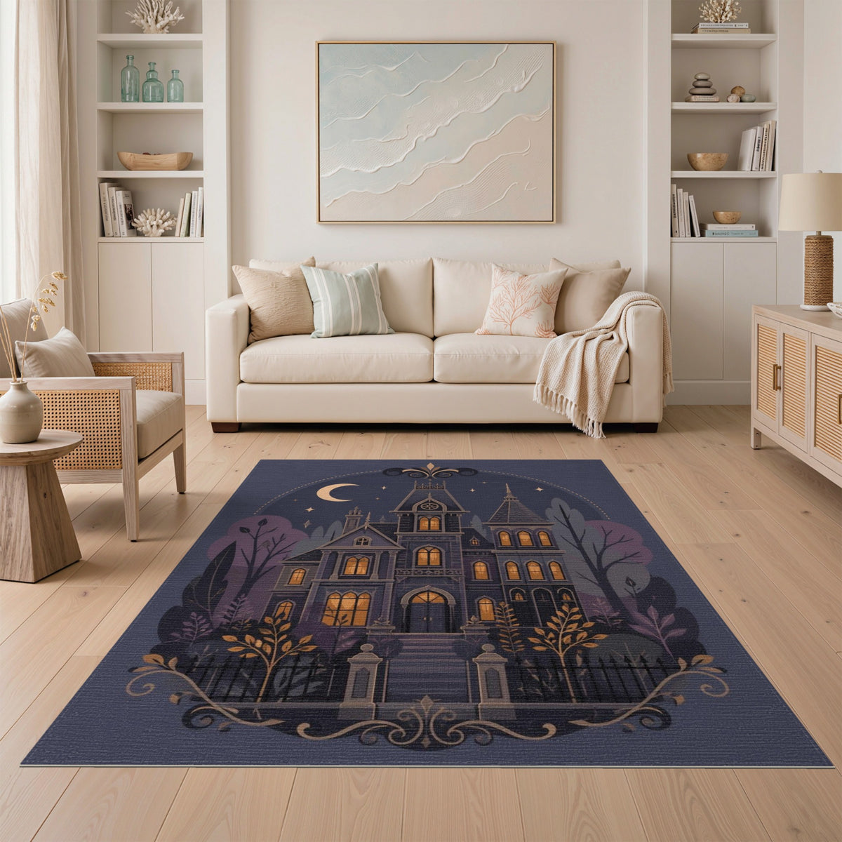Moonlit Gothic Mansion Purple Area Rug