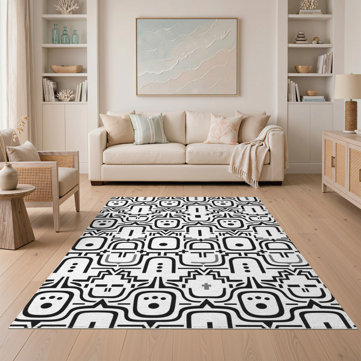 Black White Tribal Mask Area Rug