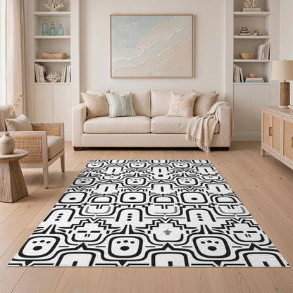 Black White Tribal Mask Area Rug