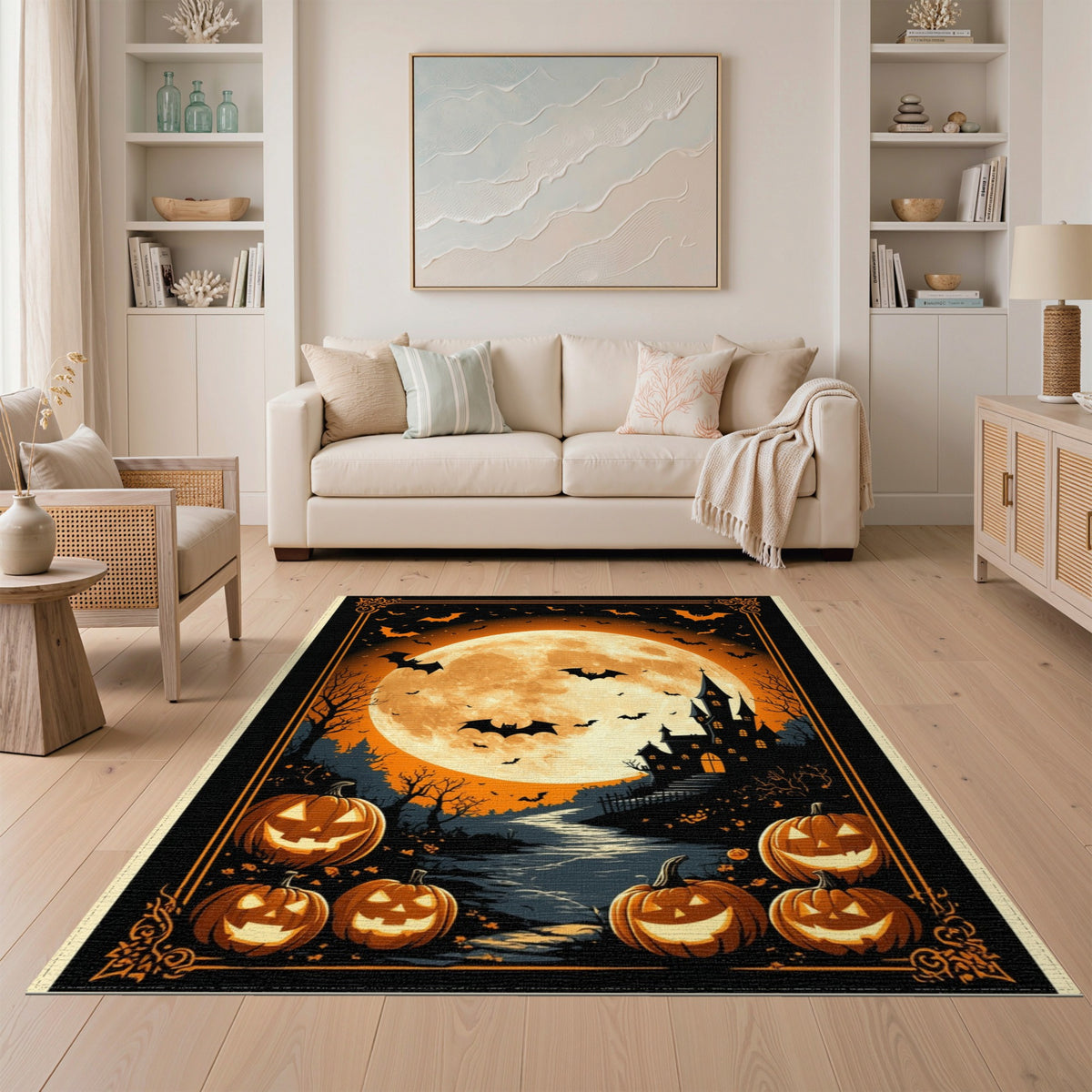 Orange Spooky Halloween Castle Area Rug
