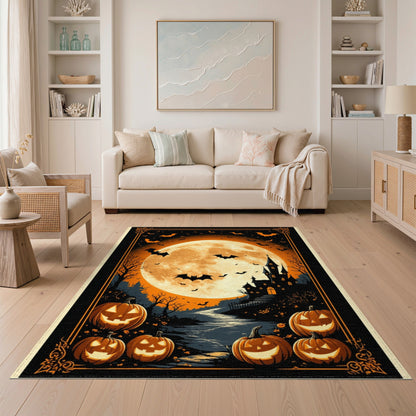 Orange Spooky Halloween Castle Area Rug