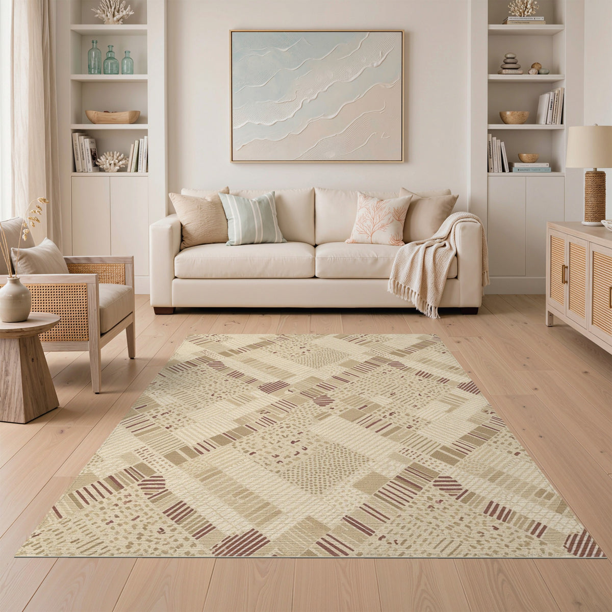 Beige and Neutral Woven Beige Geometric Woven Area Rug