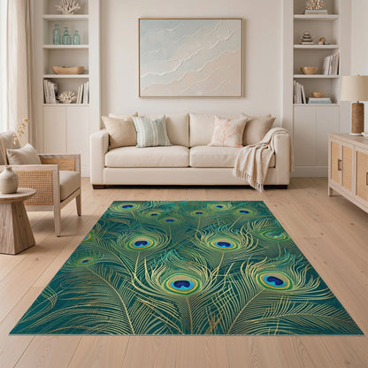 Peacock Feather Blue Teal Boho Area Rug
