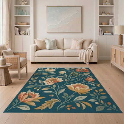 Washable Teal Floral Vintage Washable Area Rug
