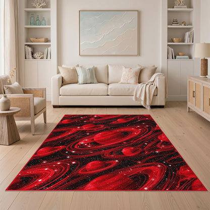 Red Cosmic Planets Washable Area Rug