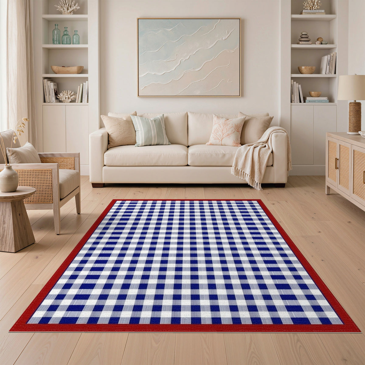 Navy Blue Checkered Rug with Red Border