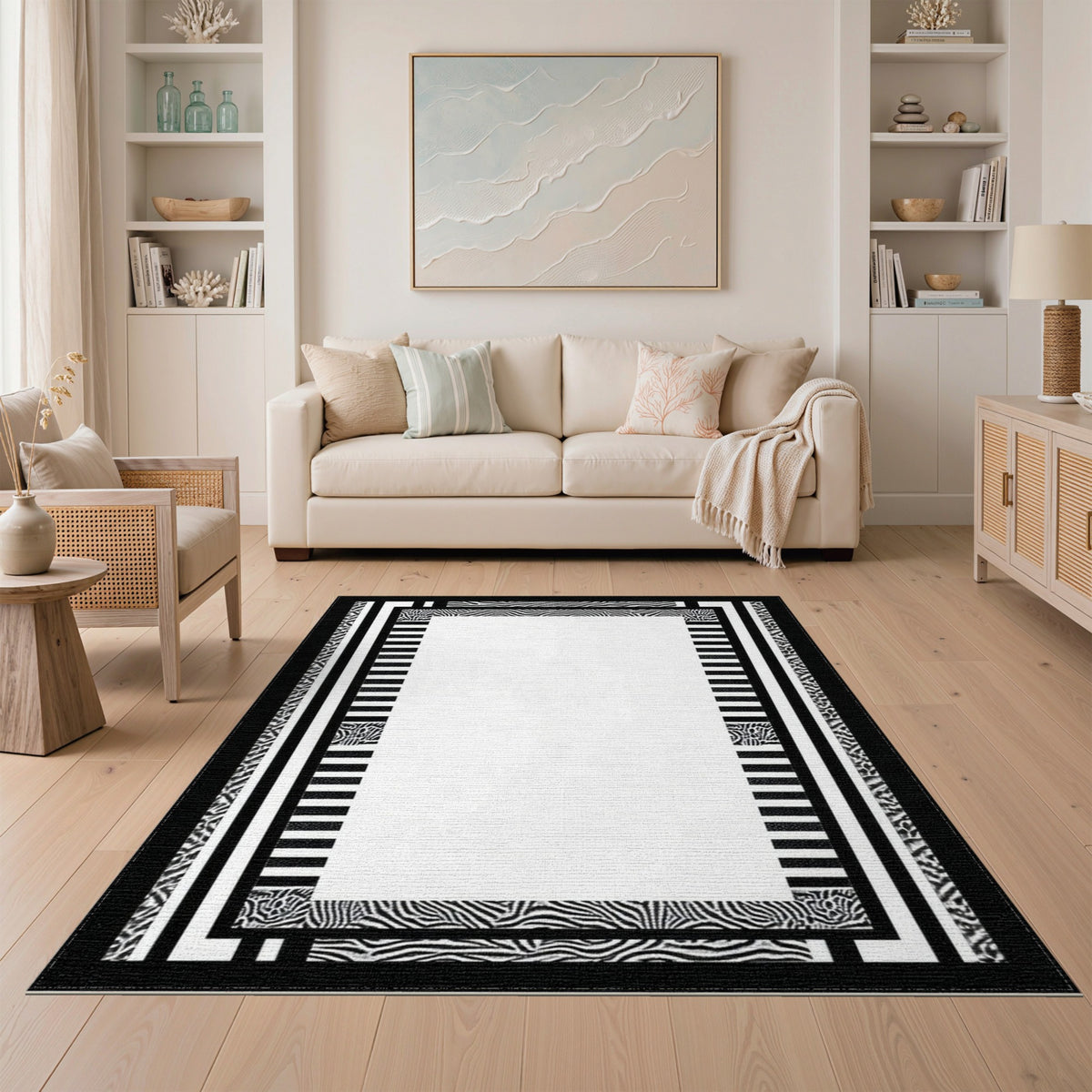 Black White Geometric Zebra Border Rug