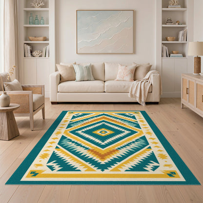 Blue and Teal Diamond Heritage Tribal Area Rug