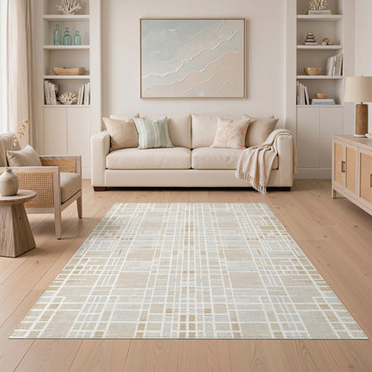 Grid Beige and Neutral Beige Geometric Grid Area Rug