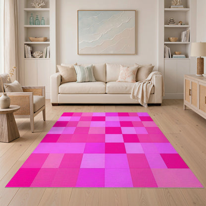 Pink Vibrant Pink Checkered Geometric Area Rug