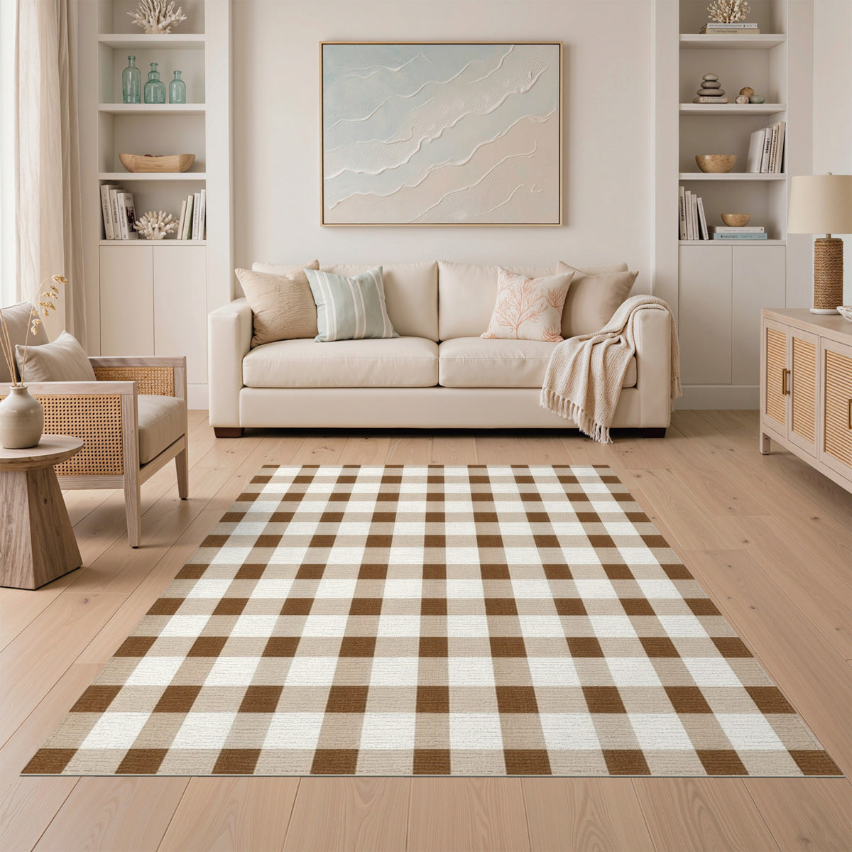 Rustic Farmhouse Brown Gingham Checkered Area Rug
